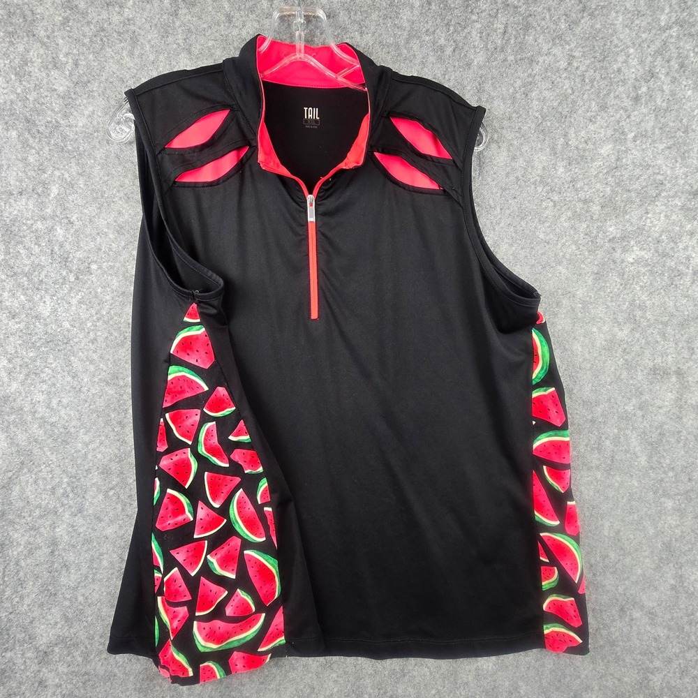 Tail Golf Polo Top Women XXL Black Pink Watermelon Sleeveless Quarter Zip Cutout